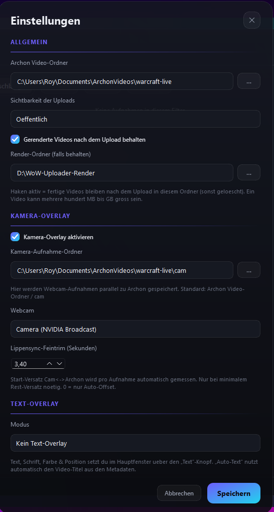 Einstellungen: Ordner, Webcam-Quelle, Lippensync-Feintrim, Text-Overlay