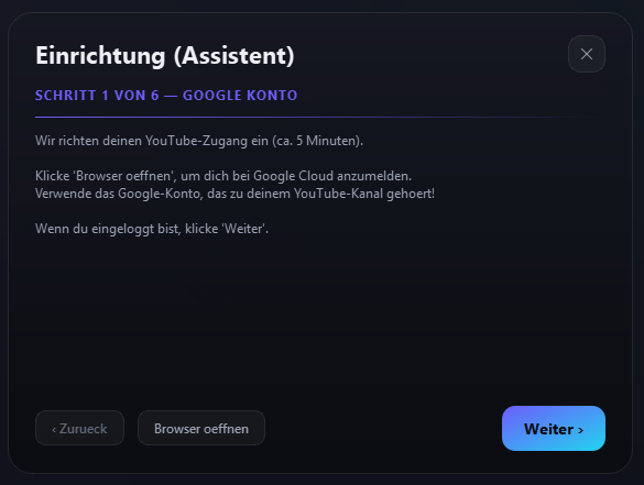 Einrichtungs-Assistent, Schritt 1 von 6: Google-Konto verbinden