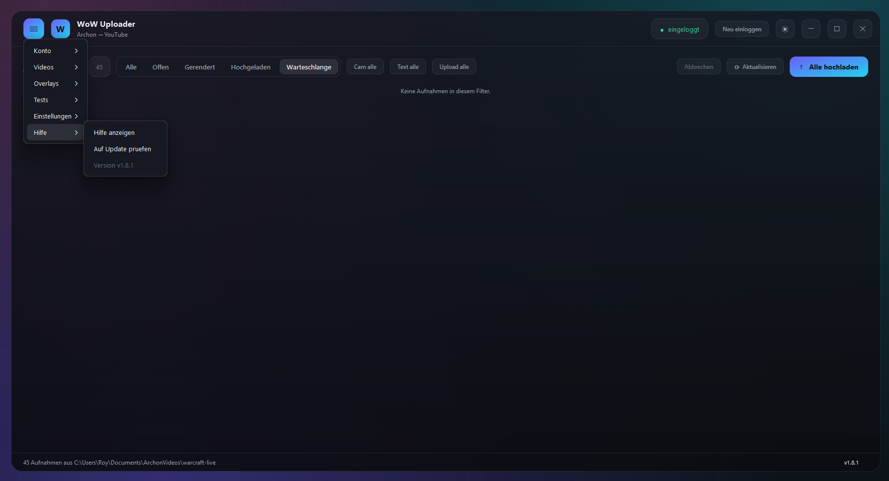 Men&uuml; Hilfe: Auf Update pr&uuml;fen, Version v1.8.1